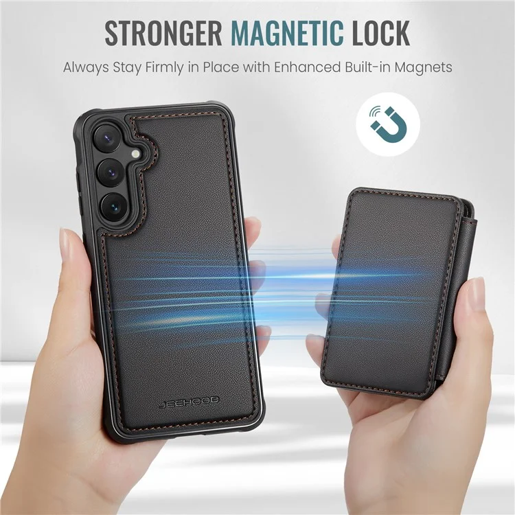 JEEHOOD J05 für Samsung Galaxy S24 Magnetische Hülle mit Ständer TPU Telefonhülle Abnehmbare Kartentasche - Schwarz