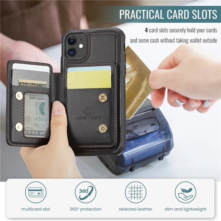 JEEHOOD J05 For iPhone 11 Case Leather Mobile Cover with Detachable Magnetic Card Bag - Black