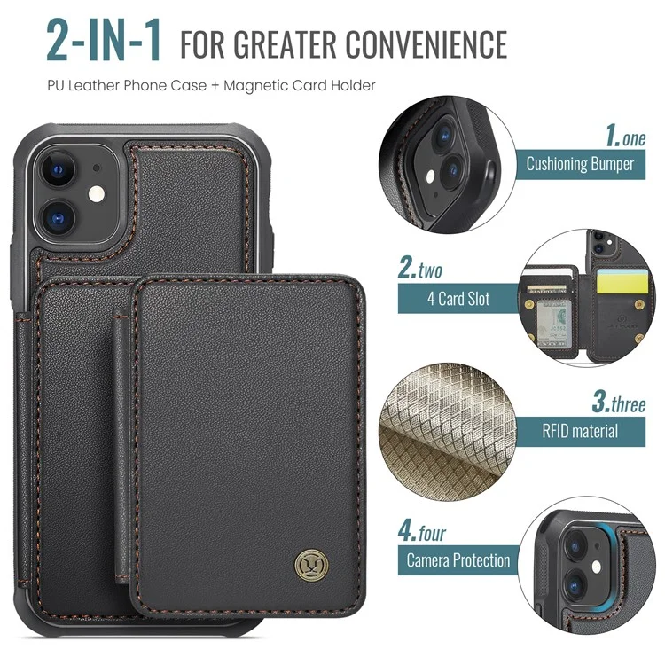 JEEHOOD J05 For iPhone 11 Case Leather Mobile Cover with Detachable Magnetic Card Bag - Black