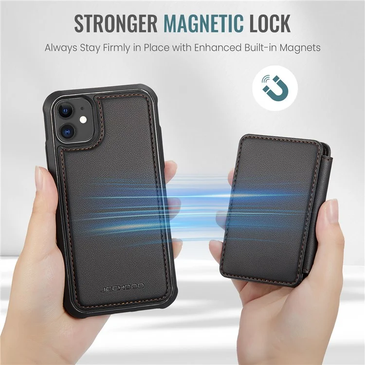 JEEHOOD J05 For iPhone 11 Case Leather Mobile Cover with Detachable Magnetic Card Bag - Black