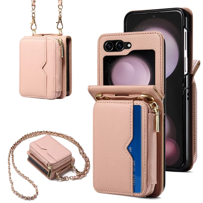 For Samsung Galaxy Z Flip7 FE 5G / Z Flip6 5G Case Zipper Card Holder PU Leather Back Cover with Chain Strap - Pink