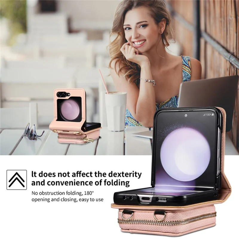 For Samsung Galaxy Z Flip7 FE 5G / Z Flip6 5G Case Zipper Card Holder PU Leather Back Cover with Chain Strap - Pink