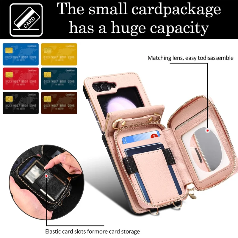 For Samsung Galaxy Z Flip7 FE 5G / Z Flip6 5G Case Zipper Card Holder PU Leather Back Cover with Chain Strap - Pink