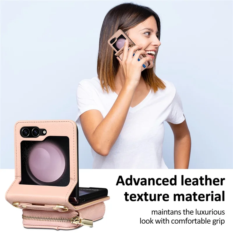 For Samsung Galaxy Z Flip7 FE 5G / Z Flip6 5G Case Zipper Card Holder PU Leather Back Cover with Chain Strap - Pink