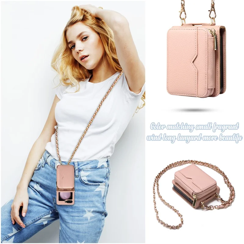 For Samsung Galaxy Z Flip7 FE 5G / Z Flip6 5G Case Zipper Card Holder PU Leather Back Cover with Chain Strap - Pink