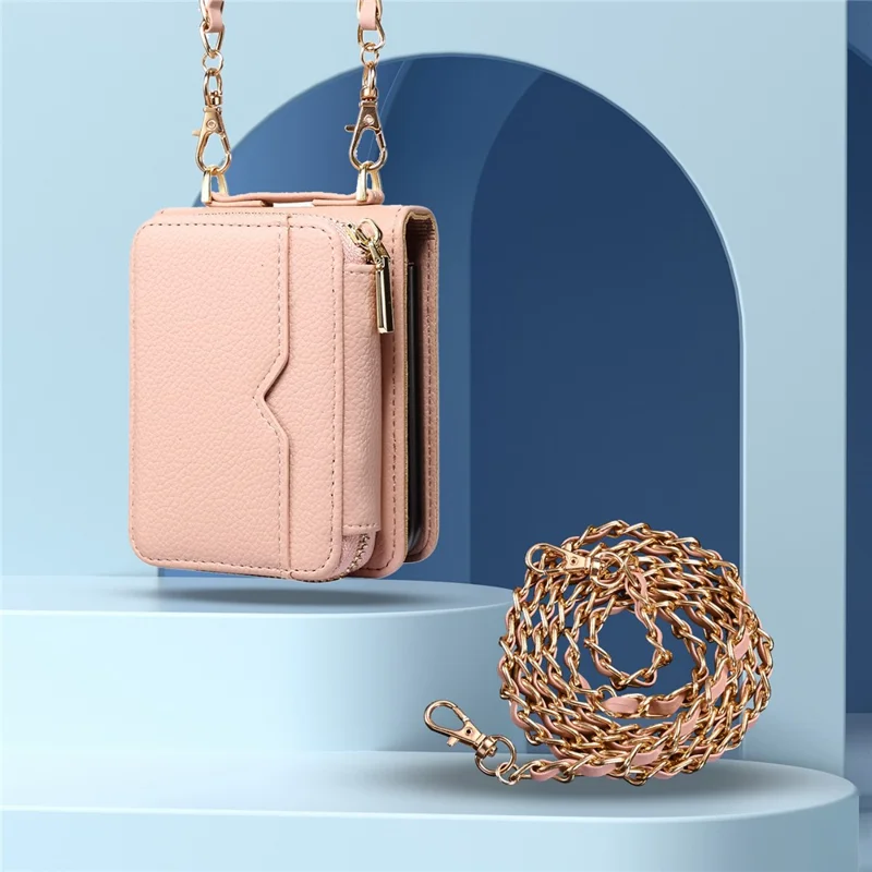 For Samsung Galaxy Z Flip7 FE 5G / Z Flip6 5G Case Zipper Card Holder PU Leather Back Cover with Chain Strap - Pink