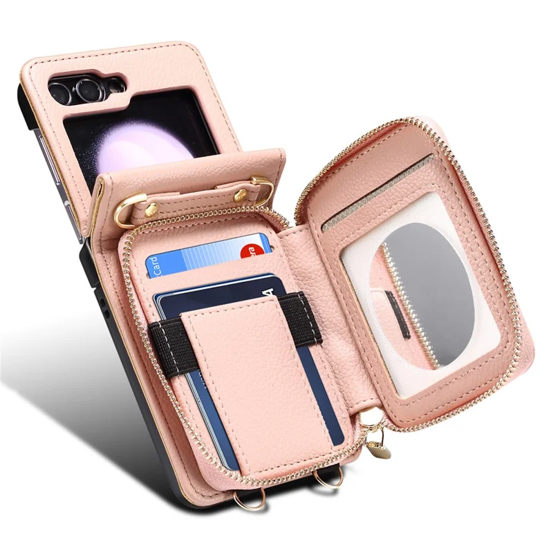 For Samsung Galaxy Z Flip7 FE 5G / Z Flip6 5G Case Zipper Card Holder PU Leather Back Cover with Chain Strap - Pink