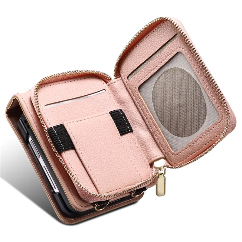 For Samsung Galaxy Z Flip7 FE 5G / Z Flip6 5G Case Zipper Card Holder PU Leather Back Cover with Chain Strap - Pink