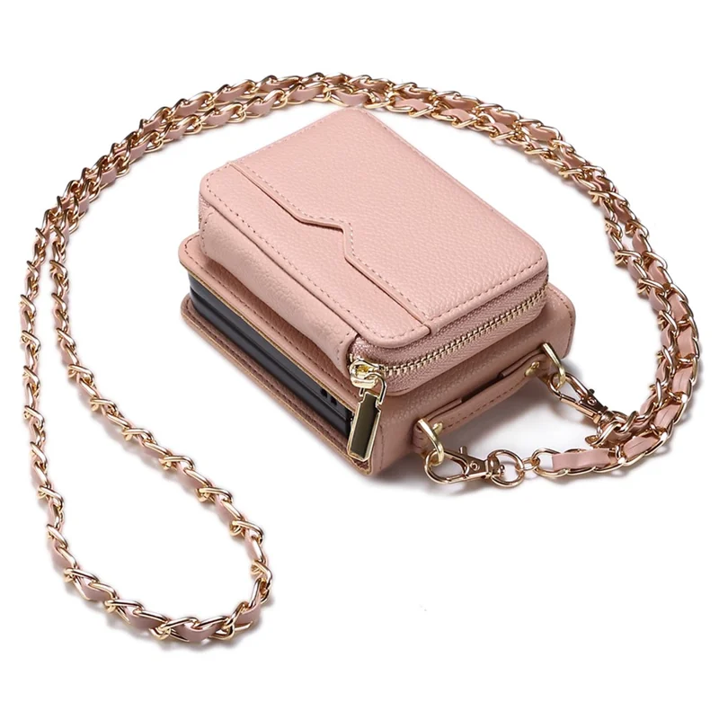 For Samsung Galaxy Z Flip7 FE 5G / Z Flip6 5G Case Zipper Card Holder PU Leather Back Cover with Chain Strap - Pink