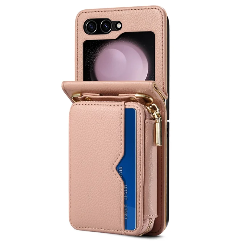 For Samsung Galaxy Z Flip7 FE 5G / Z Flip6 5G Case Zipper Card Holder PU Leather Back Cover with Chain Strap - Pink
