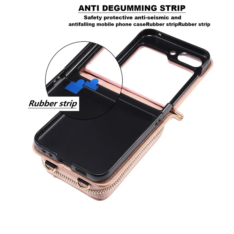For Samsung Galaxy Z Flip7 FE 5G / Z Flip6 5G Case Zipper Card Holder PU Leather Back Cover with Chain Strap - Pink