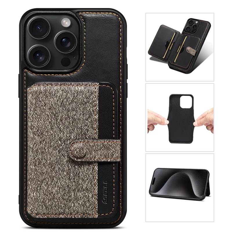 ESEBLE For iPhone 15 Pro Max Back Case Card Holder PU Leather + PC + TPU Phone Cover - Dark Grey