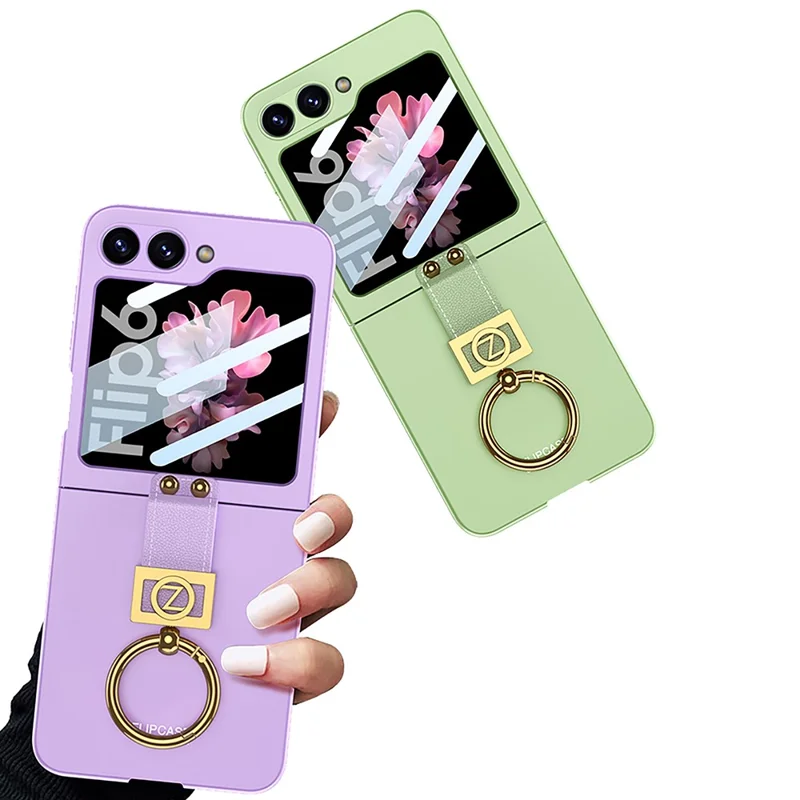 GKK For Samsung Galaxy Z Flip7 FE 5G / Z Flip6 5G PC Phone Case with Ring Holder+Tempered Glass Front Screen Film - Black