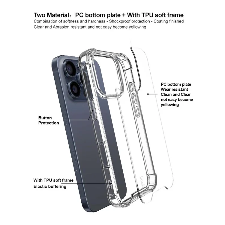 IMAK Pour iPhone 16 Pro Max Étui Airbag Coins PC+TPU Étui de Téléphone Transparent