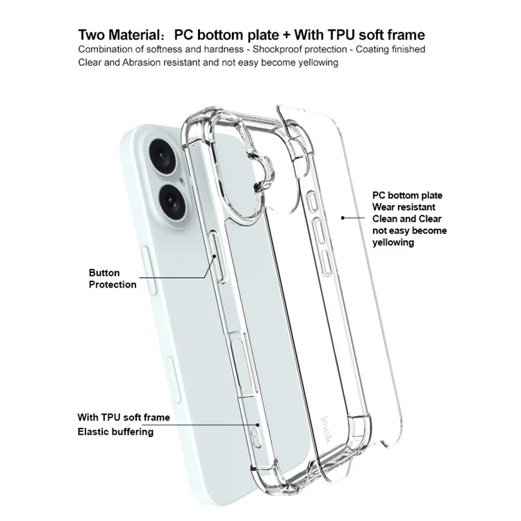 IMAK Für iPhone 16 Klares Gehäuse Airbag-Ecken TPU-Rahmen PC-Rückseite