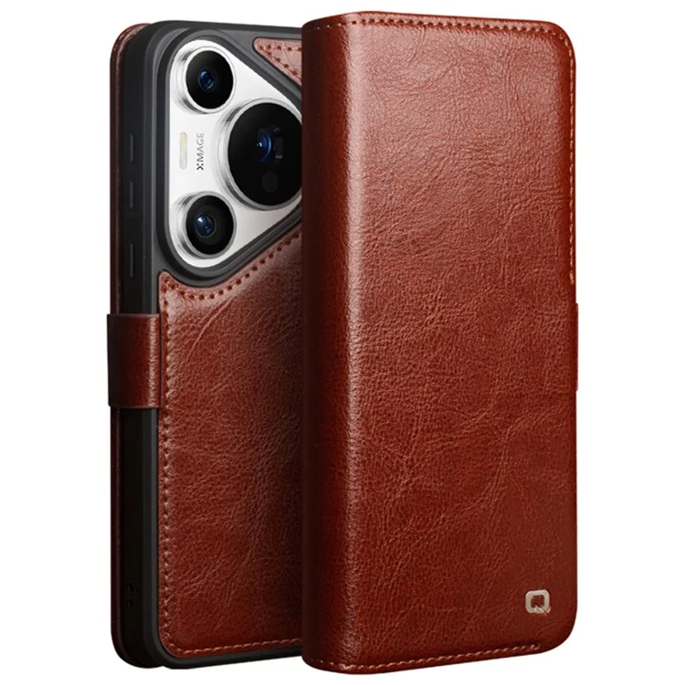 QIALINO For Huawei Pura 70 Pro / 70 Pro+ Stand Case Genuine Cow Leather Wallet Phone Cover - Dark Brown