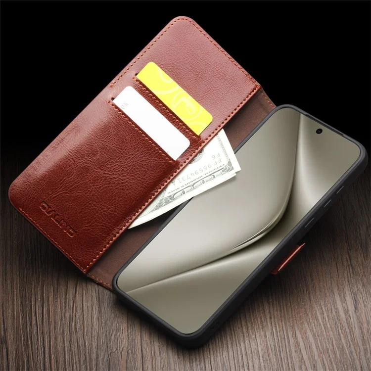 QIALINO For Huawei Pura 70 Pro / 70 Pro+ Stand Case Genuine Cow Leather Wallet Phone Cover - Dark Brown