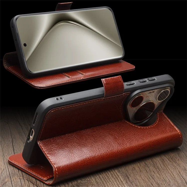 QIALINO For Huawei Pura 70 Pro / 70 Pro+ Stand Case Genuine Cow Leather Wallet Phone Cover - Dark Brown