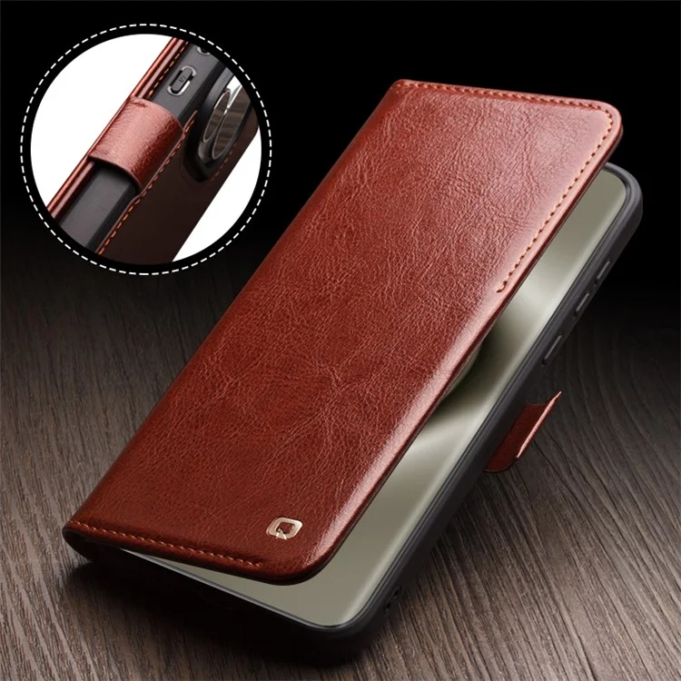 QIALINO For Huawei Pura 70 Pro / 70 Pro+ Stand Case Genuine Cow Leather Wallet Phone Cover - Dark Brown