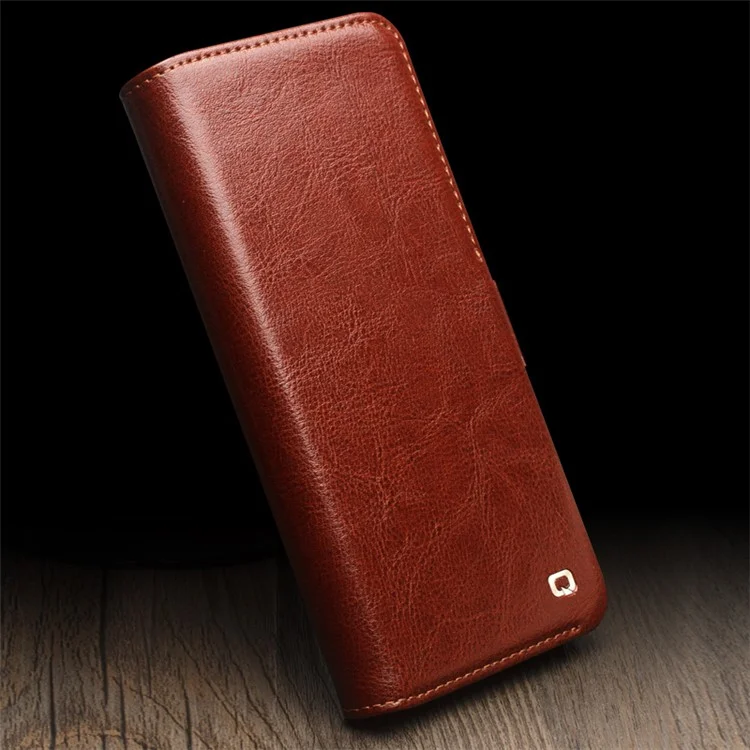 QIALINO For Huawei Pura 70 Pro / 70 Pro+ Stand Case Genuine Cow Leather Wallet Phone Cover - Dark Brown