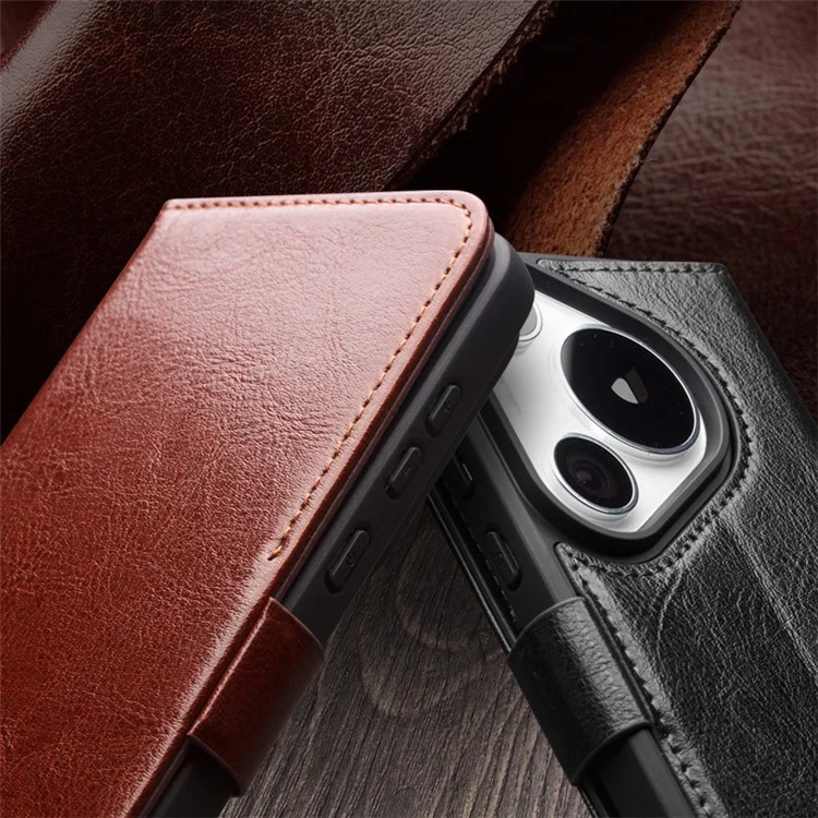 QIALINO For Huawei Pura 70 Pro / 70 Pro+ Stand Case Genuine Cow Leather Wallet Phone Cover - Dark Brown