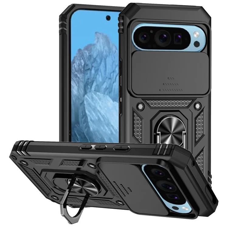 For Google Pixel 9 / 9 Pro Case Camera Protection PC+TPU Phone Cover with Kickstand - Black