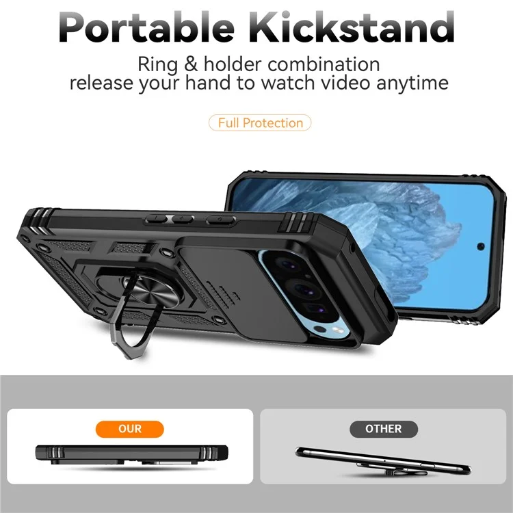 For Google Pixel 9 / 9 Pro Case Camera Protection PC+TPU Phone Cover with Kickstand - Black