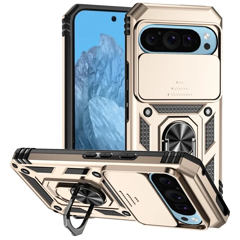For Google Pixel 10 Pro / 10 / 9 / 9 Pro Case Camera Protection PC+TPU Phone Cover with Kickstand - Gold