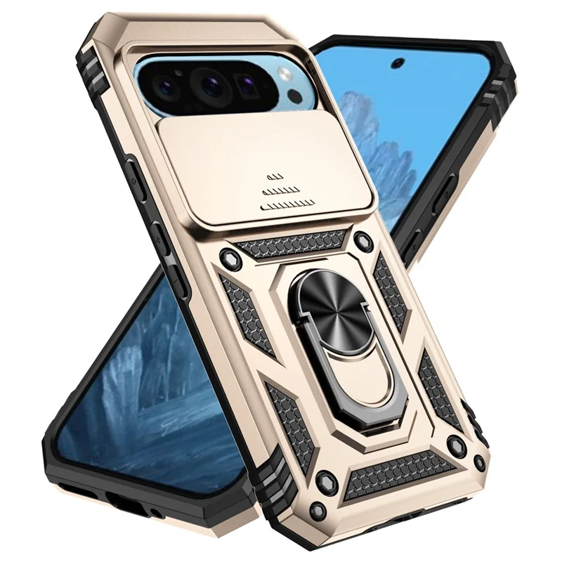 For Google Pixel 10 Pro / 10 / 9 / 9 Pro Case Camera Protection PC+TPU Phone Cover with Kickstand - Gold