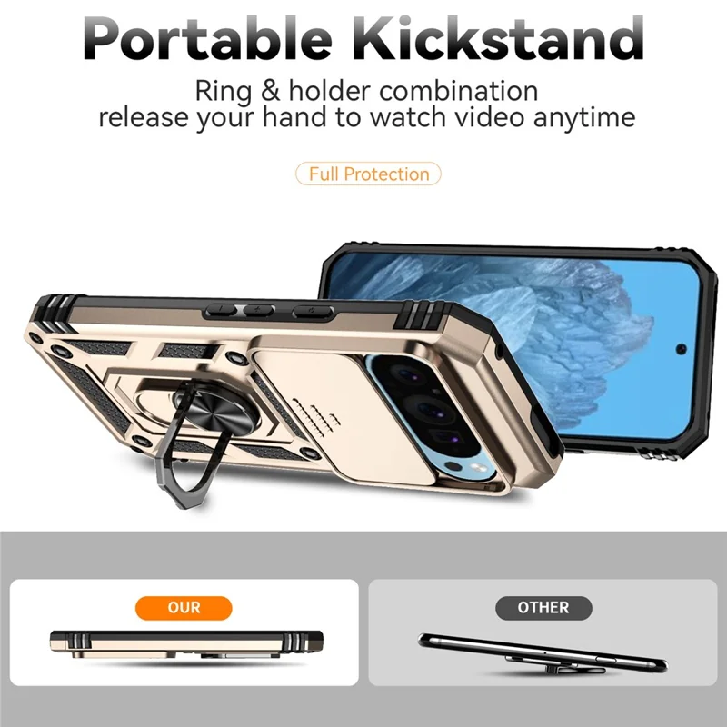 For Google Pixel 10 Pro / 10 / 9 / 9 Pro Case Camera Protection PC+TPU Phone Cover with Kickstand - Gold