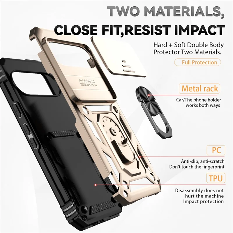 For Google Pixel 10 Pro / 10 / 9 / 9 Pro Case Camera Protection PC+TPU Phone Cover with Kickstand - Gold
