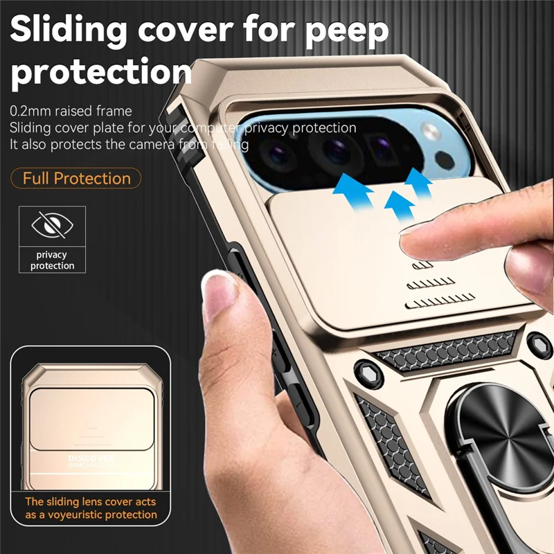 For Google Pixel 10 Pro / 10 / 9 / 9 Pro Case Camera Protection PC+TPU Phone Cover with Kickstand - Gold