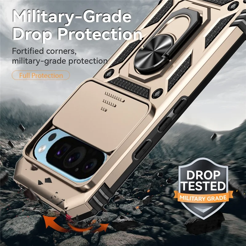 For Google Pixel 10 Pro / 10 / 9 / 9 Pro Case Camera Protection PC+TPU Phone Cover with Kickstand - Gold