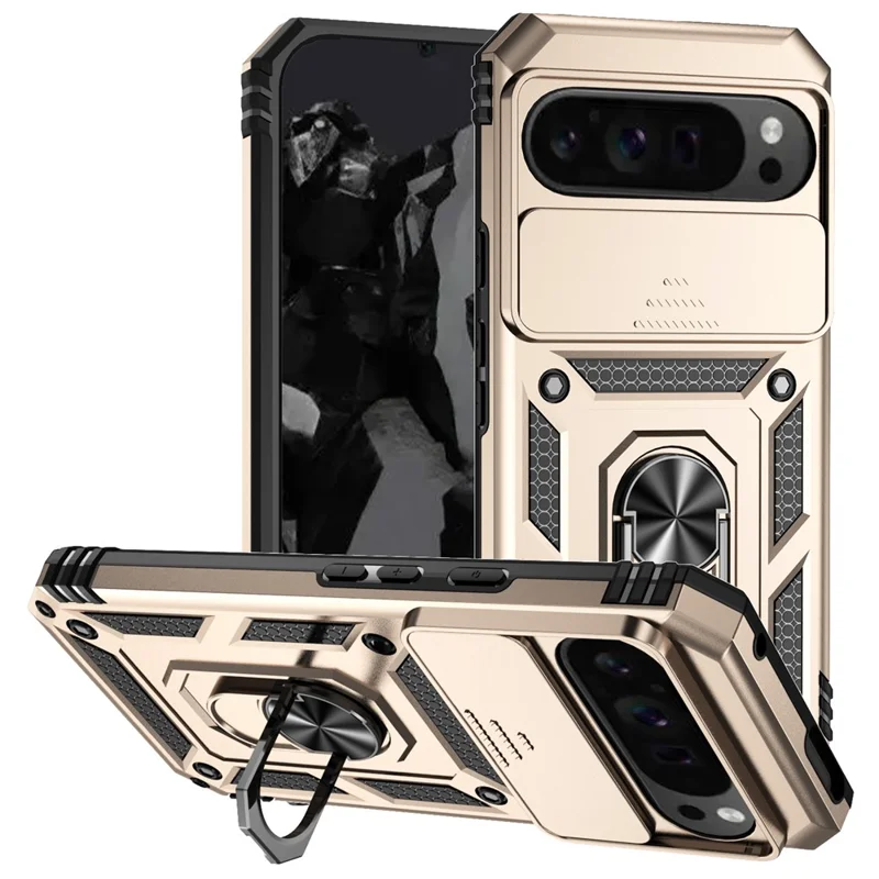 For Google Pixel 10 Pro XL / Pixel 9 Pro XL Case Rugged PC+TPU Phone Protector with Slide Camera Cover / Kickstand - Gold