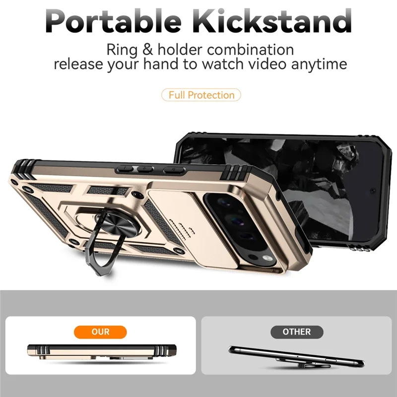 For Google Pixel 10 Pro XL / Pixel 9 Pro XL Case Rugged PC+TPU Phone Protector with Slide Camera Cover / Kickstand - Gold