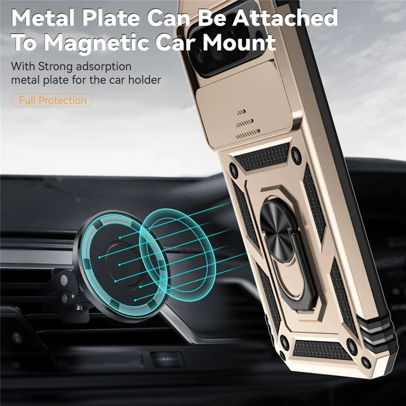 For Google Pixel 10 Pro XL / Pixel 9 Pro XL Case Rugged PC+TPU Phone Protector with Slide Camera Cover / Kickstand - Gold