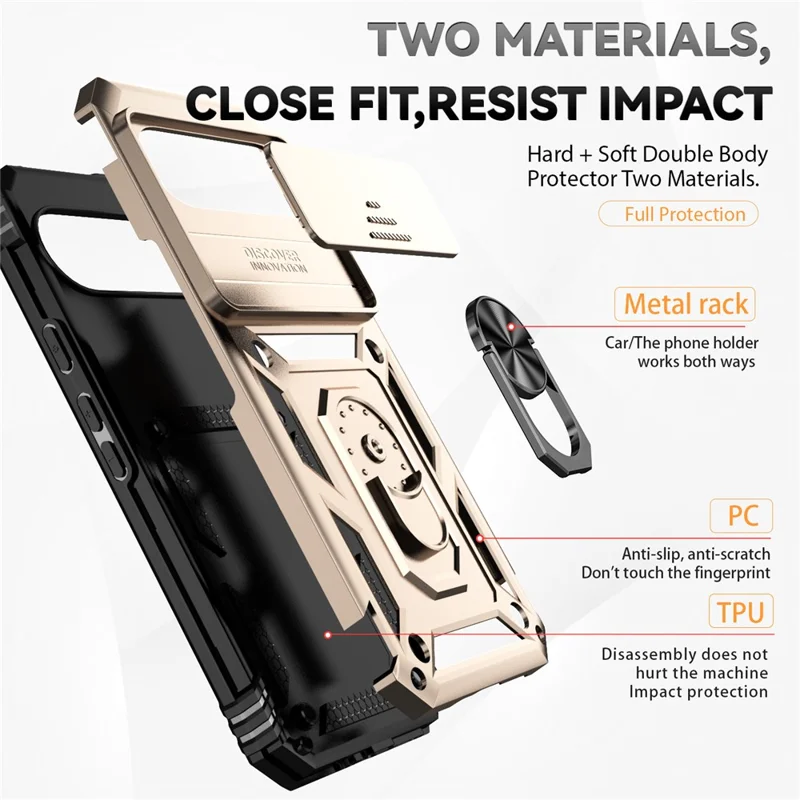 For Google Pixel 10 Pro XL / Pixel 9 Pro XL Case Rugged PC+TPU Phone Protector with Slide Camera Cover / Kickstand - Gold