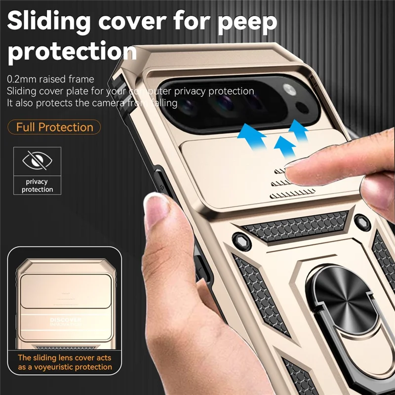 For Google Pixel 10 Pro XL / Pixel 9 Pro XL Case Rugged PC+TPU Phone Protector with Slide Camera Cover / Kickstand - Gold