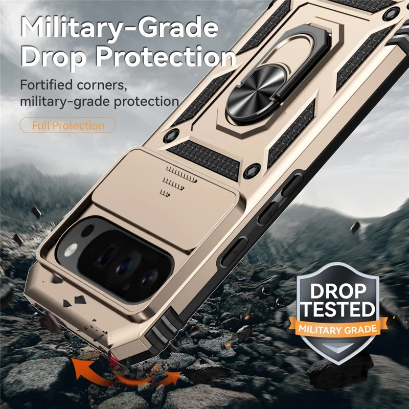 For Google Pixel 10 Pro XL / Pixel 9 Pro XL Case Rugged PC+TPU Phone Protector with Slide Camera Cover / Kickstand - Gold