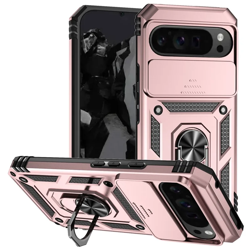 For Google Pixel 10 Pro XL / Pixel 9 Pro XL Case Rugged PC+TPU Phone Protector with Slide Camera Cover / Kickstand - Rose Gold