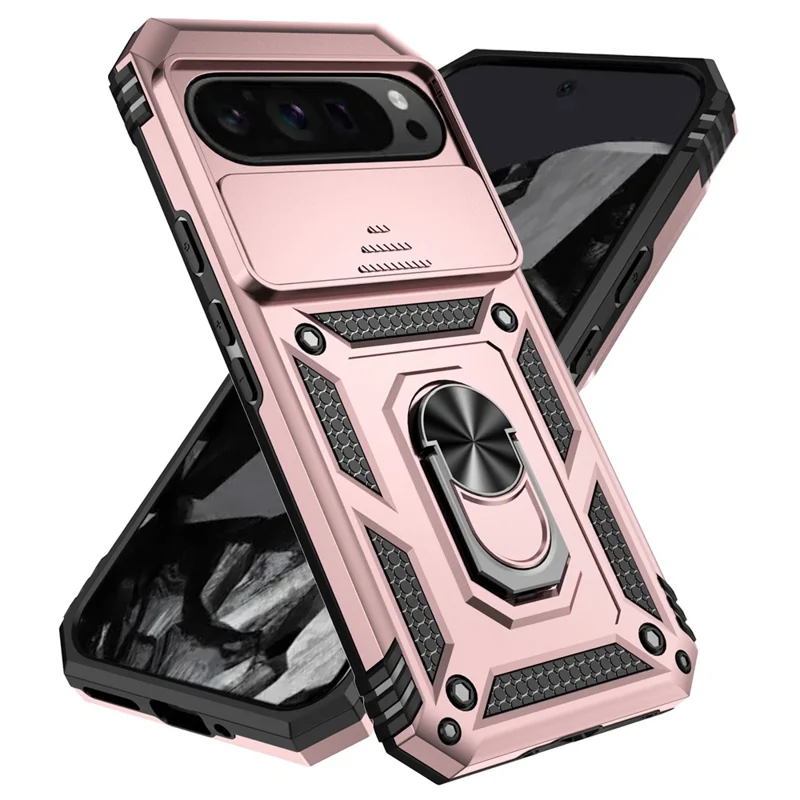 For Google Pixel 10 Pro XL / Pixel 9 Pro XL Case Rugged PC+TPU Phone Protector with Slide Camera Cover / Kickstand - Rose Gold