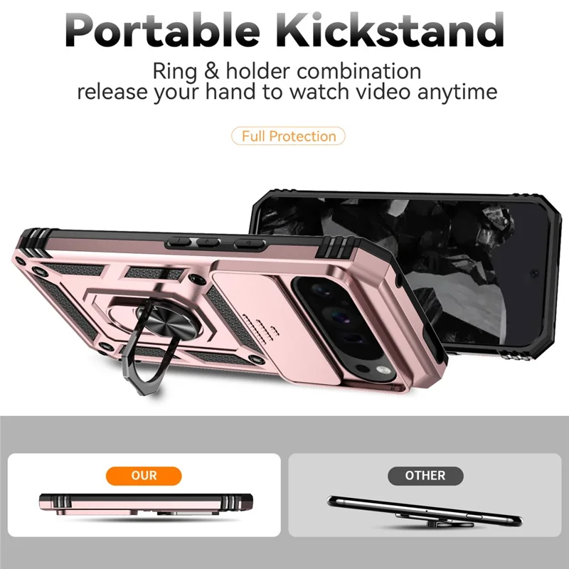 For Google Pixel 10 Pro XL / Pixel 9 Pro XL Case Rugged PC+TPU Phone Protector with Slide Camera Cover / Kickstand - Rose Gold