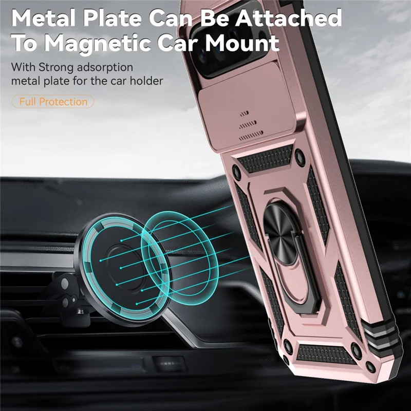For Google Pixel 10 Pro XL / Pixel 9 Pro XL Case Rugged PC+TPU Phone Protector with Slide Camera Cover / Kickstand - Rose Gold