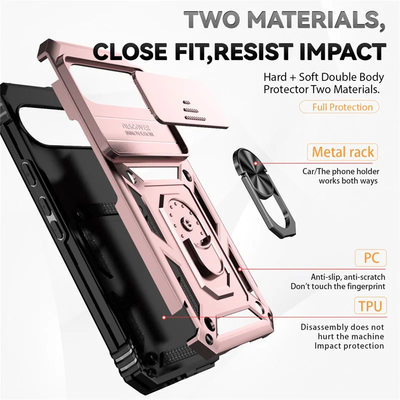 For Google Pixel 10 Pro XL / Pixel 9 Pro XL Case Rugged PC+TPU Phone Protector with Slide Camera Cover / Kickstand - Rose Gold
