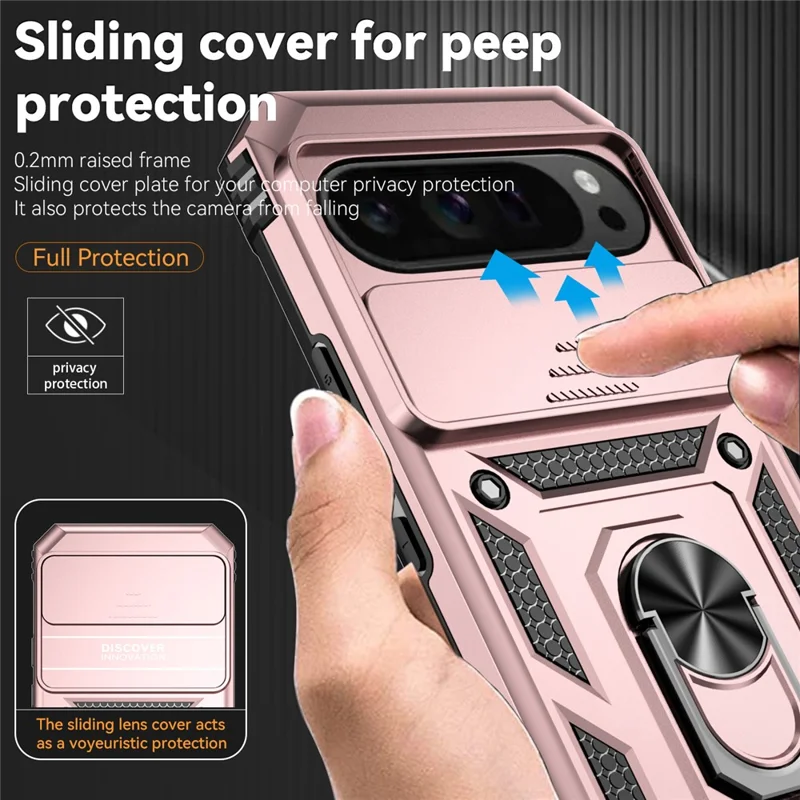 For Google Pixel 10 Pro XL / Pixel 9 Pro XL Case Rugged PC+TPU Phone Protector with Slide Camera Cover / Kickstand - Rose Gold