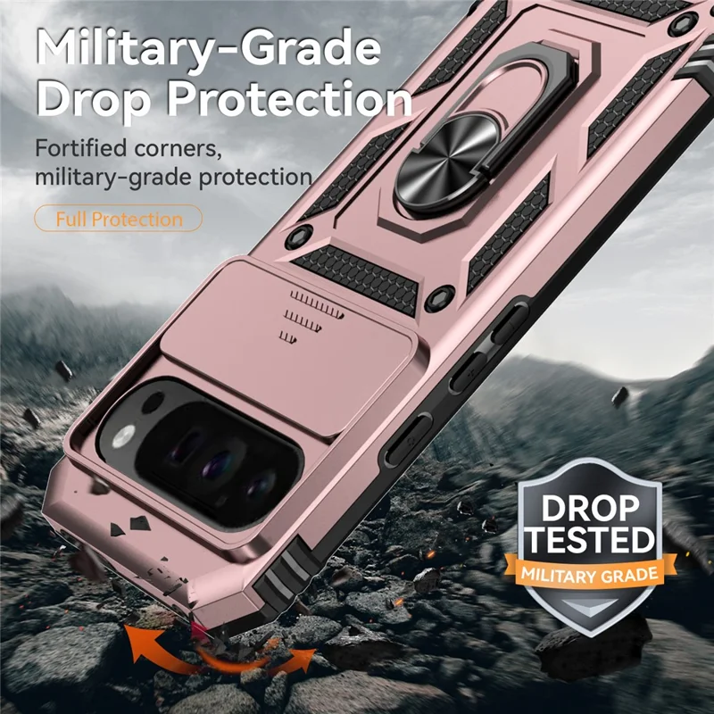 For Google Pixel 10 Pro XL / Pixel 9 Pro XL Case Rugged PC+TPU Phone Protector with Slide Camera Cover / Kickstand - Rose Gold