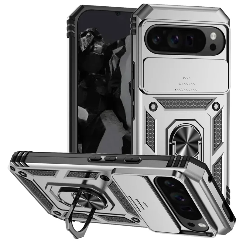 For Google Pixel 10 Pro XL / Pixel 9 Pro XL Case Rugged PC+TPU Phone Protector with Slide Camera Cover / Kickstand - Silver