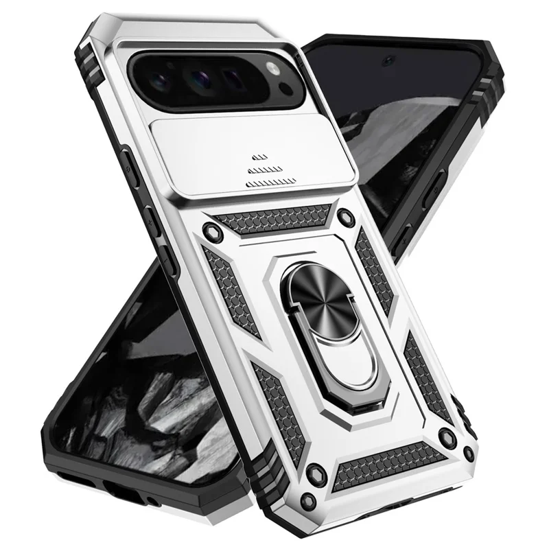 For Google Pixel 10 Pro XL / Pixel 9 Pro XL Case Rugged PC+TPU Phone Protector with Slide Camera Cover / Kickstand - Silver