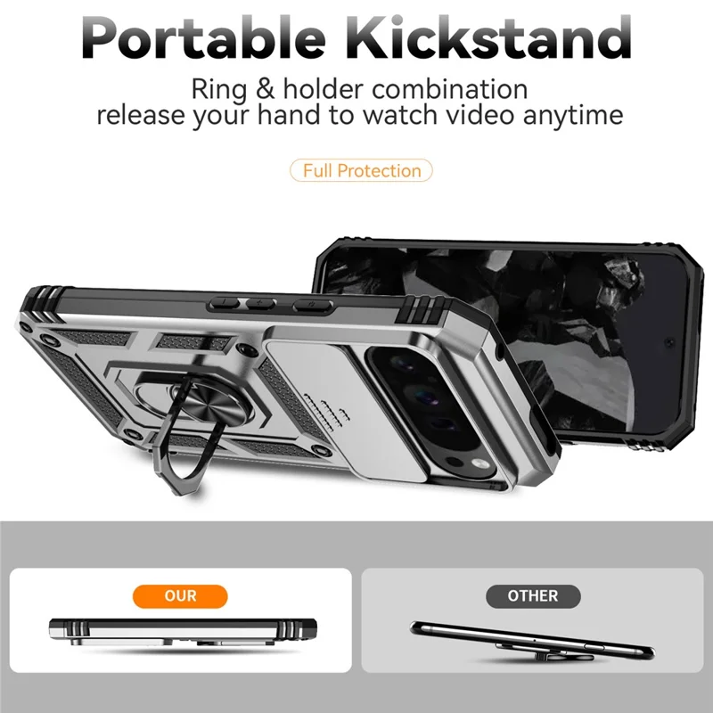 For Google Pixel 10 Pro XL / Pixel 9 Pro XL Case Rugged PC+TPU Phone Protector with Slide Camera Cover / Kickstand - Silver