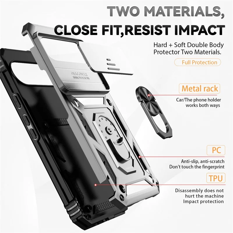 For Google Pixel 10 Pro XL / Pixel 9 Pro XL Case Rugged PC+TPU Phone Protector with Slide Camera Cover / Kickstand - Silver